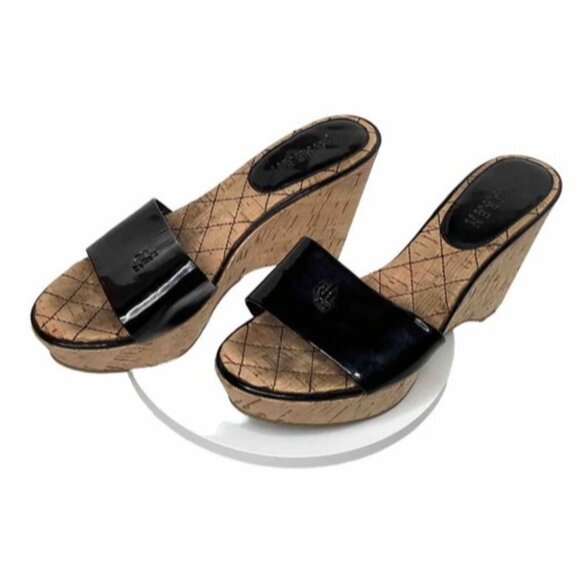 Ralph Lauren Shoes - Ralph Lauren Women’s 8 1/2 Black Patent Leather Strap Cork Wedge Open Toe Heels